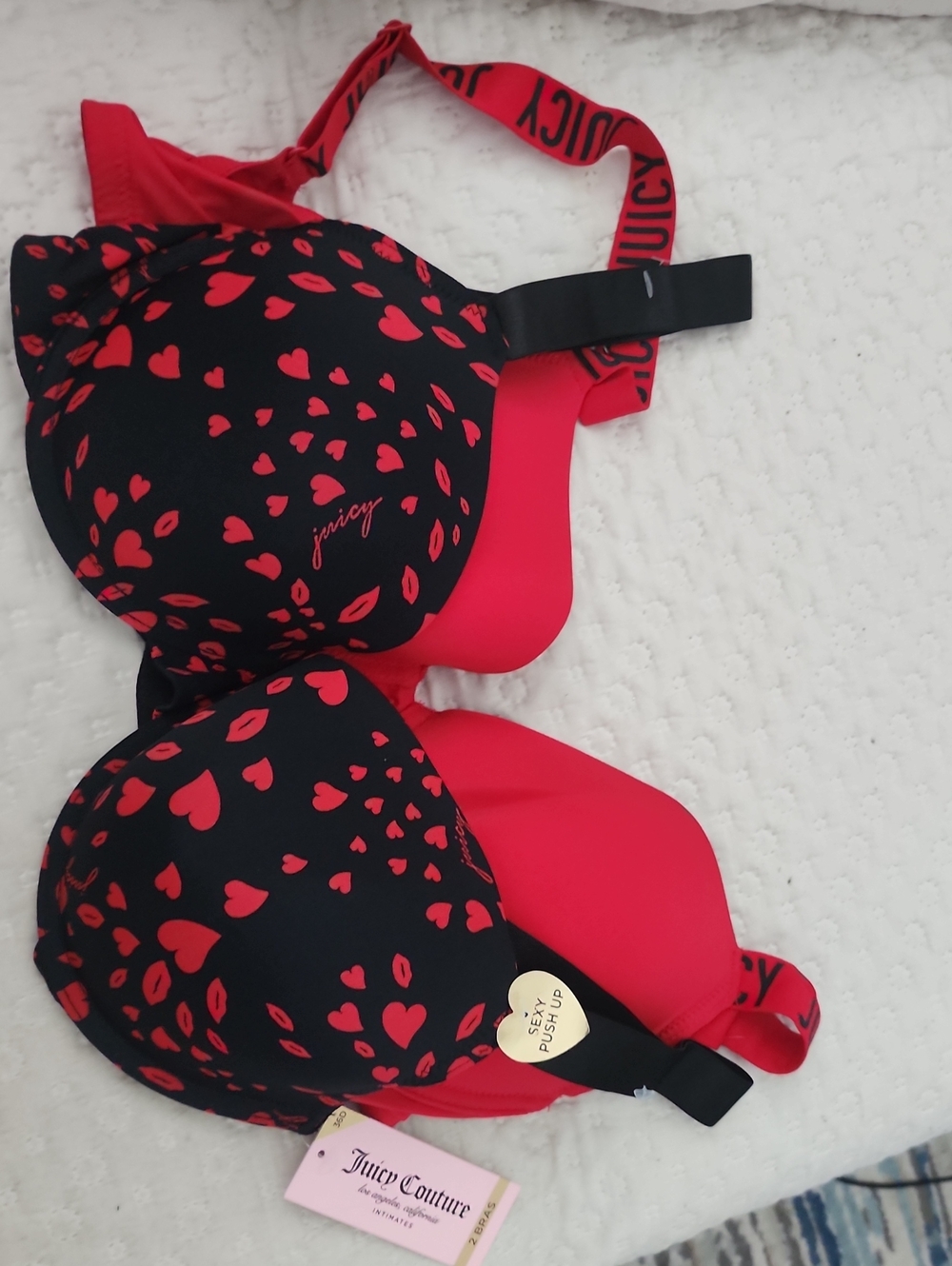 Juicy Couture Black Bra with Red Heart & Lip Print